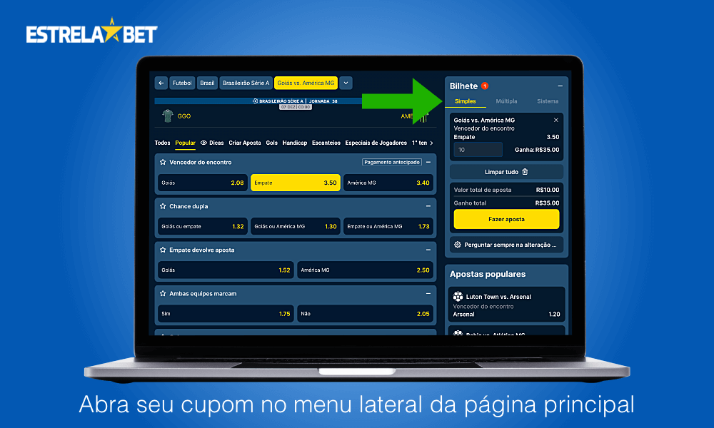 No site da Estrela Bet, selecione o tipo de aposta em seu cupom